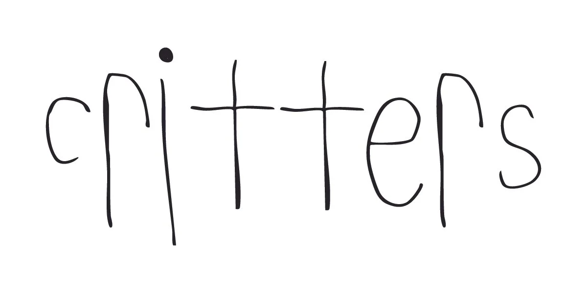 Handwritten word 'critters' in black ink on white background.