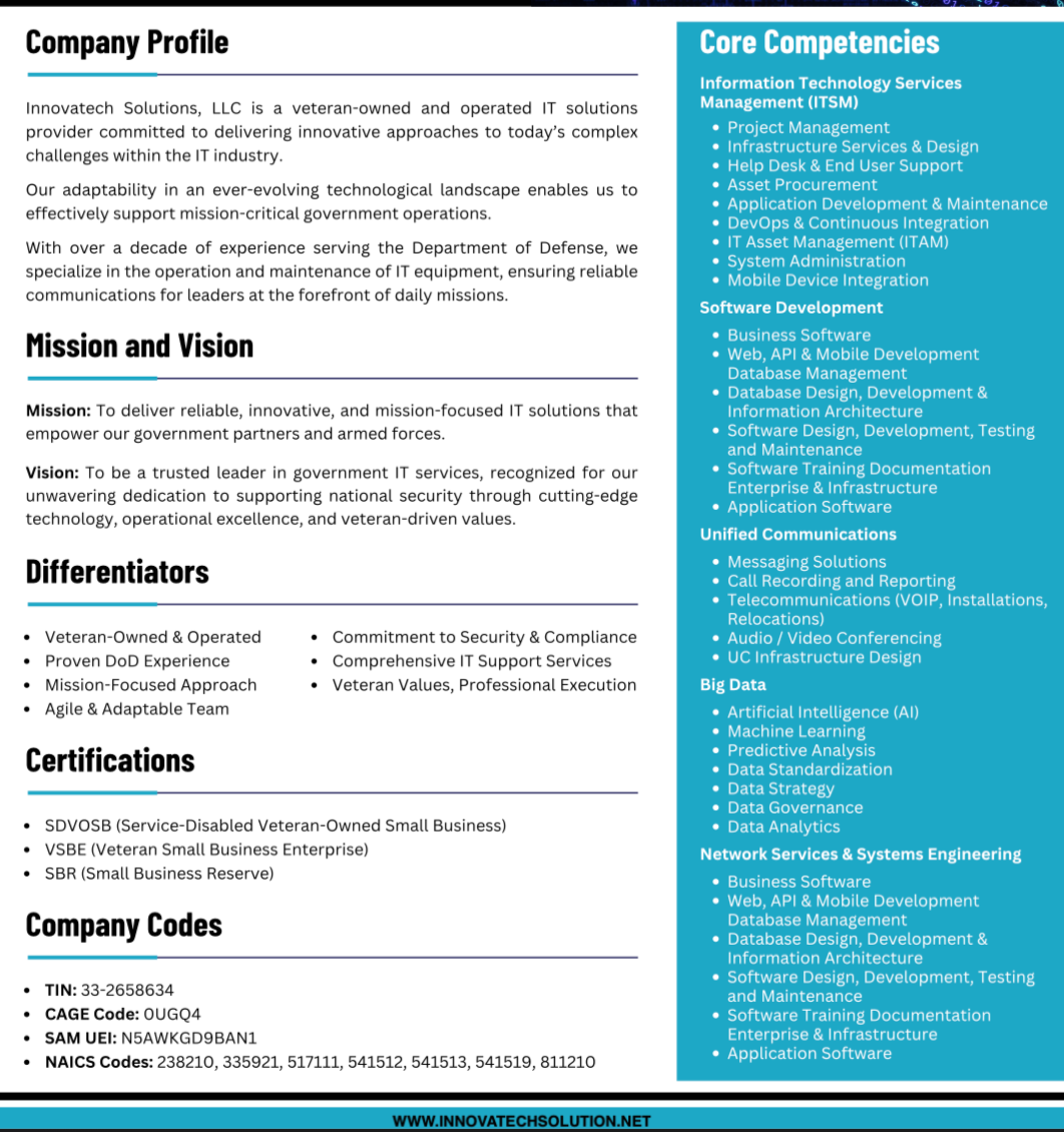 Company profile page of Innovatech Solutions, LLC, featuring sections on company mission, vision, differentiators, certifications, and company codes. The right sidebar lists core competencies in IT services, software development, communications, big data, network services, and systems engineering.