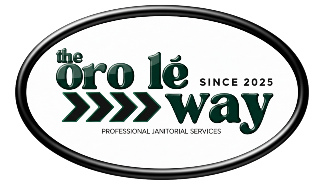 Logo for 'The Ore Le Way,' a professional janitorial services company established in 2025, with green and black text and arrow graphics inside an oval shape.