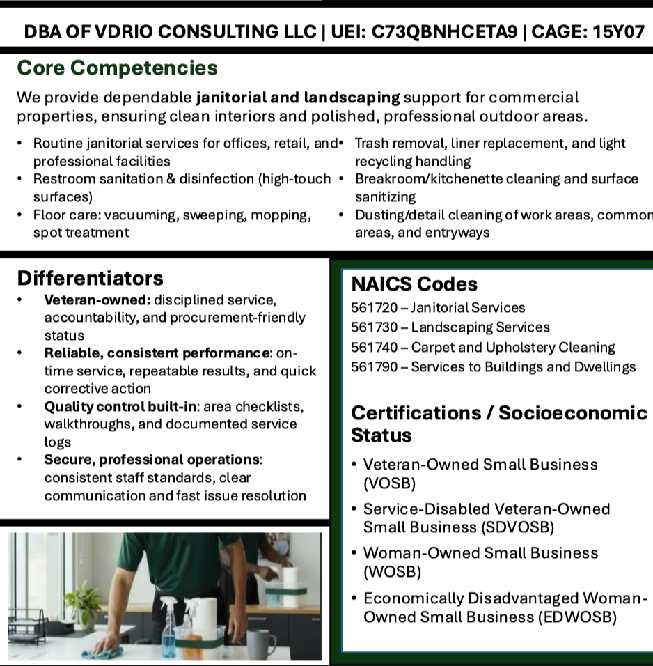 Business brochure detailing janitorial and landscaping services, including routine cleaning, trash removal, disinfecting, floor care, and surface sanitizing, with information on company differentiators, NAICS codes, and socioeconomic certifications.