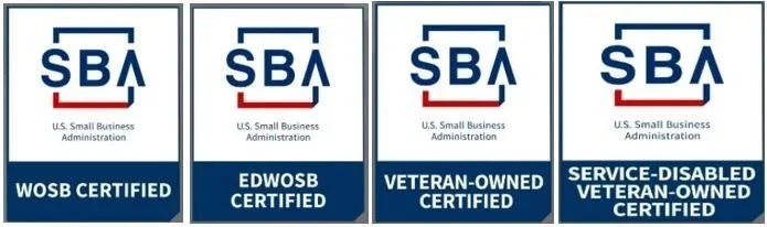 Four badges showing SBA certification labels: WOSB Certified, EdWOSB Certified, Veteran-Owned Certified, and Service-Disabled Veteran-Owned Certified.