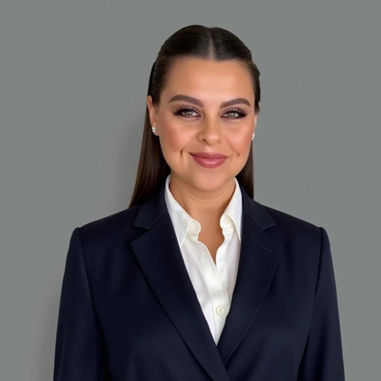 A woman with long brown hair and makeup, wearing a navy blazer and white blouse, standing against a gray background.