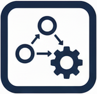Icon of interconnected circles and a gear representing settings or processes.