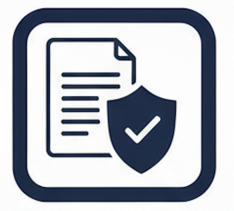 Icon of a document with a shield and checkmark, representing document security or verification.