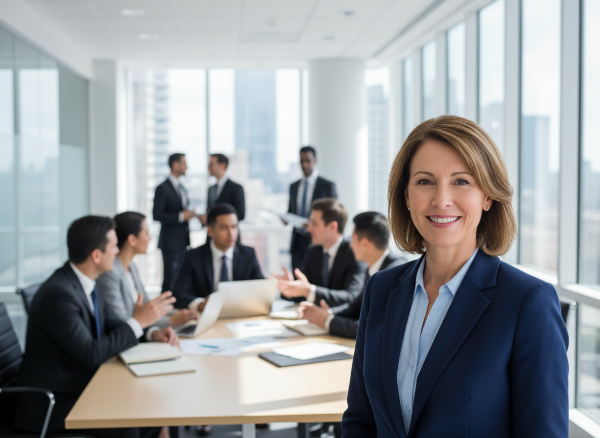 A professional woman in a blue blazer smiling in a modern office surrounded by colleagues engaged in a meeting.