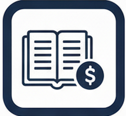 Icon of an open book with a dollar sign symbol.