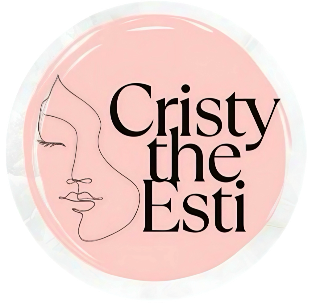 Logo with a pink circular background, featuring a minimalist line drawing of a woman's face and the text "Cristy the Esti" in bold black letters.