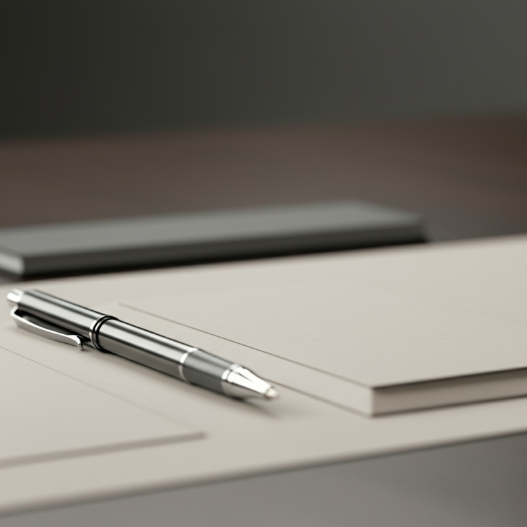 A silver pen resting on a stack of white paper on a desk.