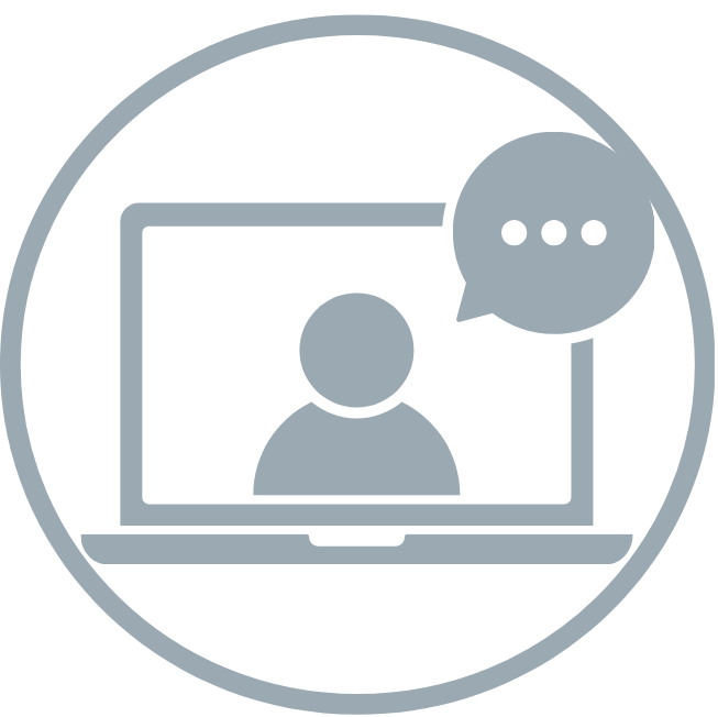 Icon of a person on a computer screen with a speech bubble indicating online communication or video call.