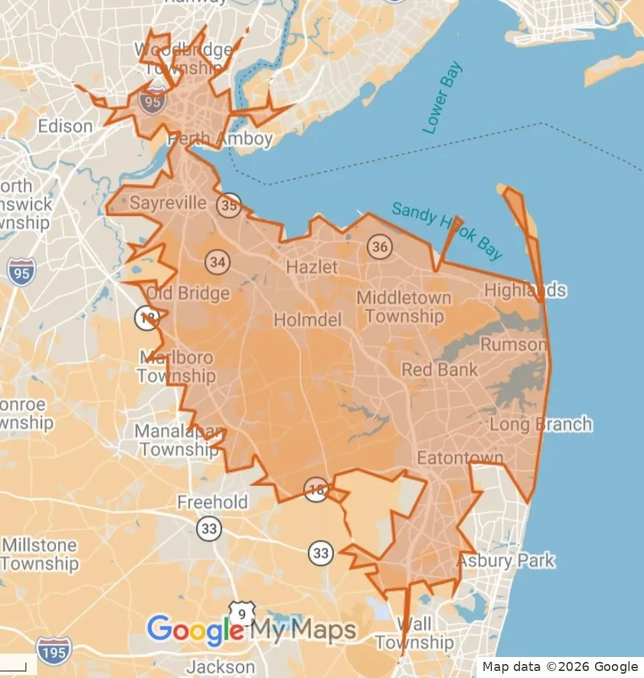 Map of the Safe Travels Mobile Repair service area in New Jersey, from Woodbridge and Perth Amboy south through Sayreville, Old Bridge, Hazlet, Holmdel, Middletown, Red Bank, Rumson, Eatontown and Long Branch to Asbury Park and Wall.