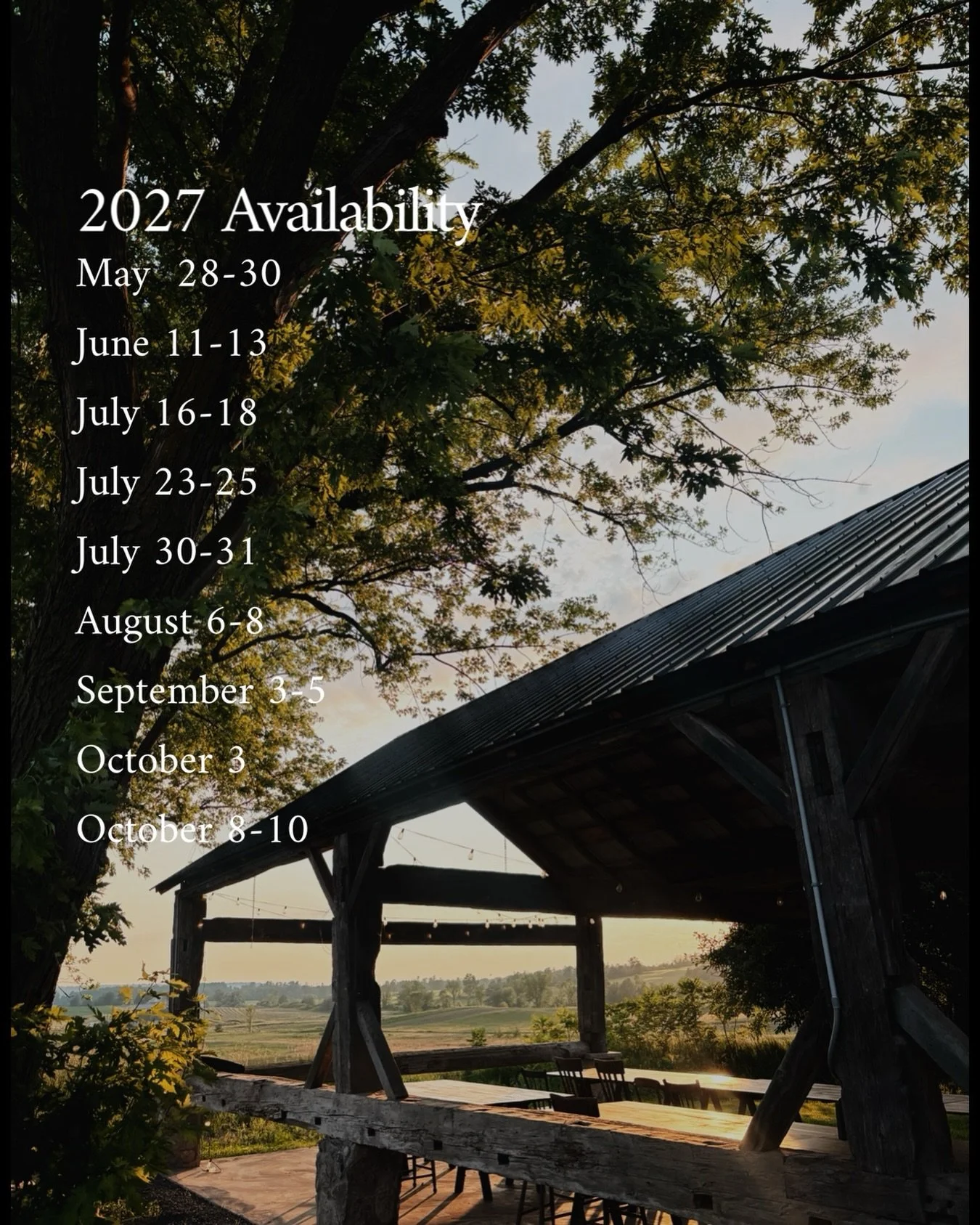 The 2027 calendar is filling in, and we still have a few beautiful dates available. 🤍
Weekend availability:
&bull; May 28&ndash;30
&bull; June 11&ndash;13
&bull; July 16&ndash;18
&bull; July 23&ndash;25
&bull; August 6&ndash;8
&bull; September 3&nda