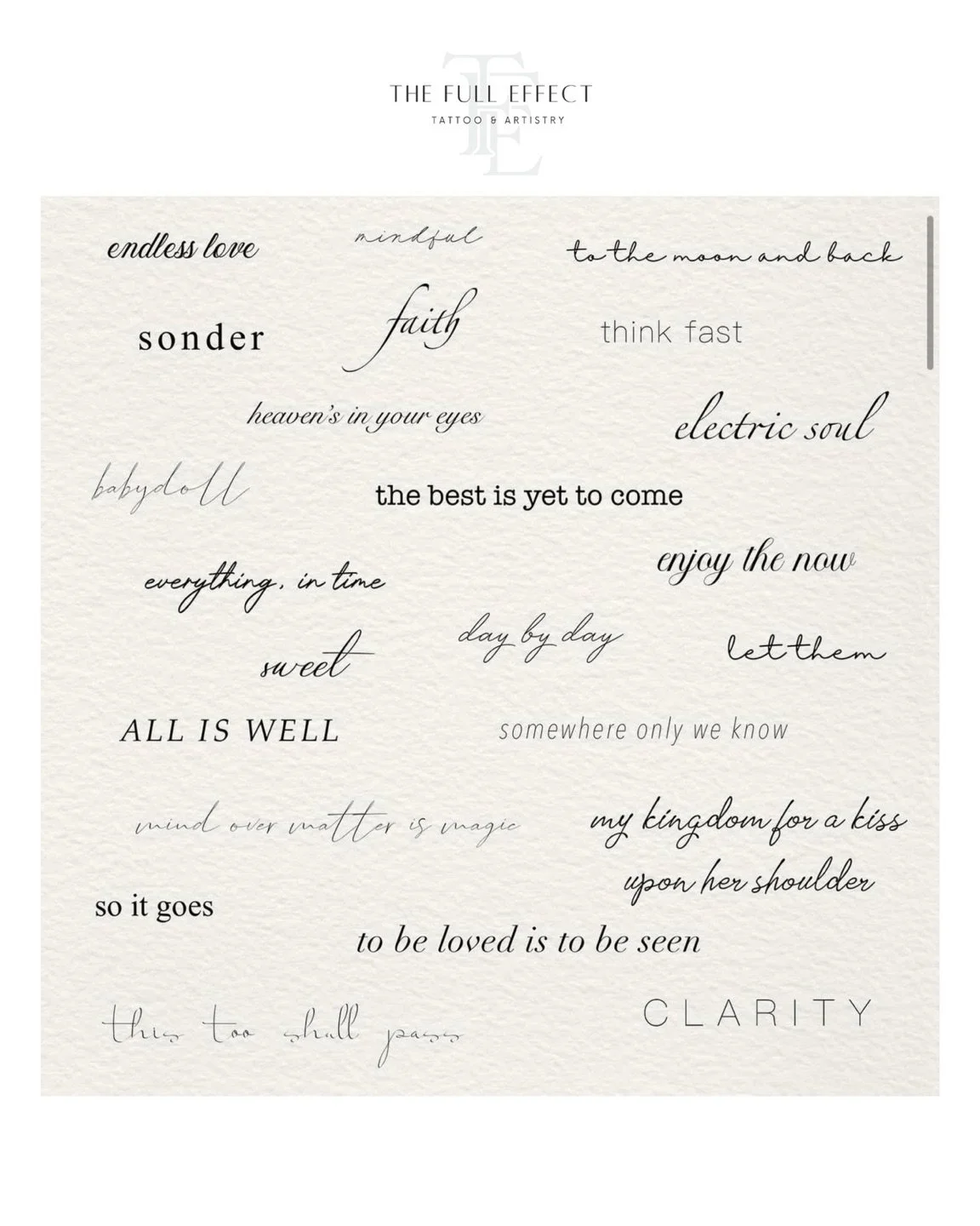 ‼️Script Flash‼️

2 for $100 
Up to 3 inches 
Add each additional for $50 

This is a massive savings!! I&rsquo;m known for my fine line script and pricing STARTS at $125, so take advantage of this opportunity 🔥🔥

12/31/25 ONLY

Claim your time slo