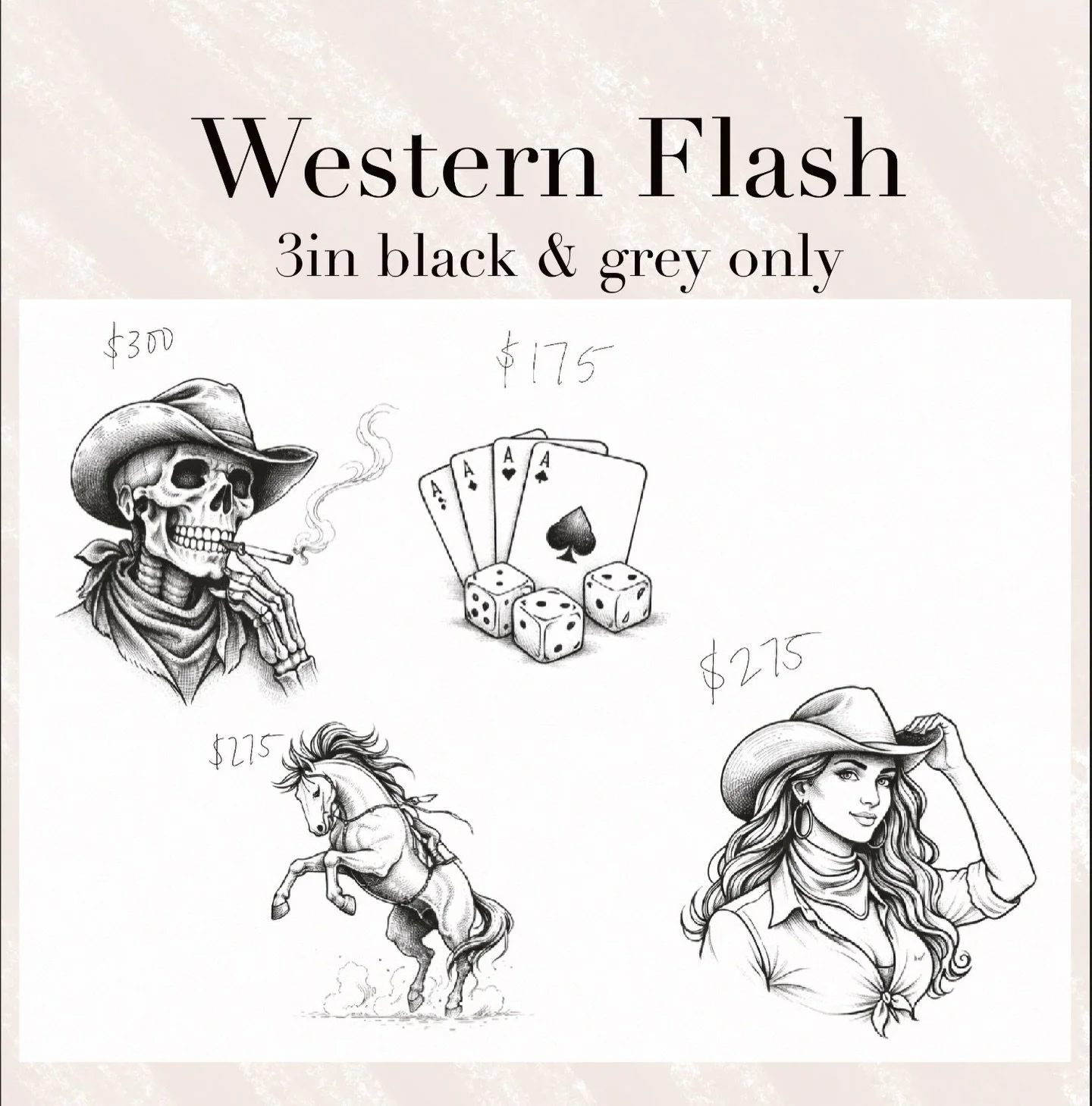 Saddle up! Rodeo season is in full swing and our April Flash is live! 
Black and Grey Scale Only! 
Check the sheet for 3in pricing, larger tattoos are also available. Don't miss out, limited time only!

$50 deposit required at booking- will apply to 