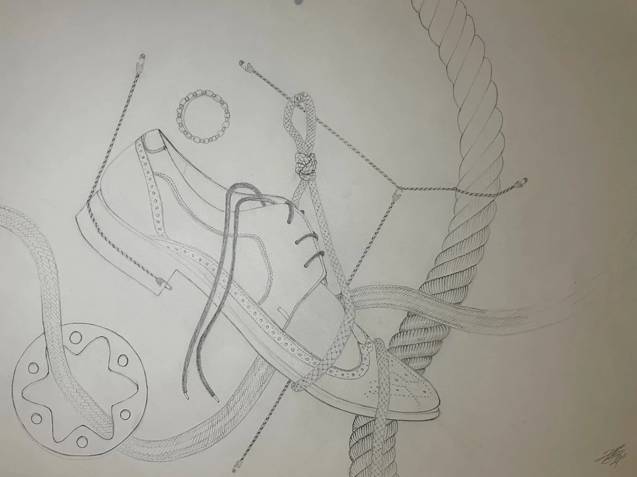 "Hanging Still Life" Drawing, 2025, Mediums: Graphite Pencils, Hot Press Watercolor Paper. (Savannah College of Art and Design)