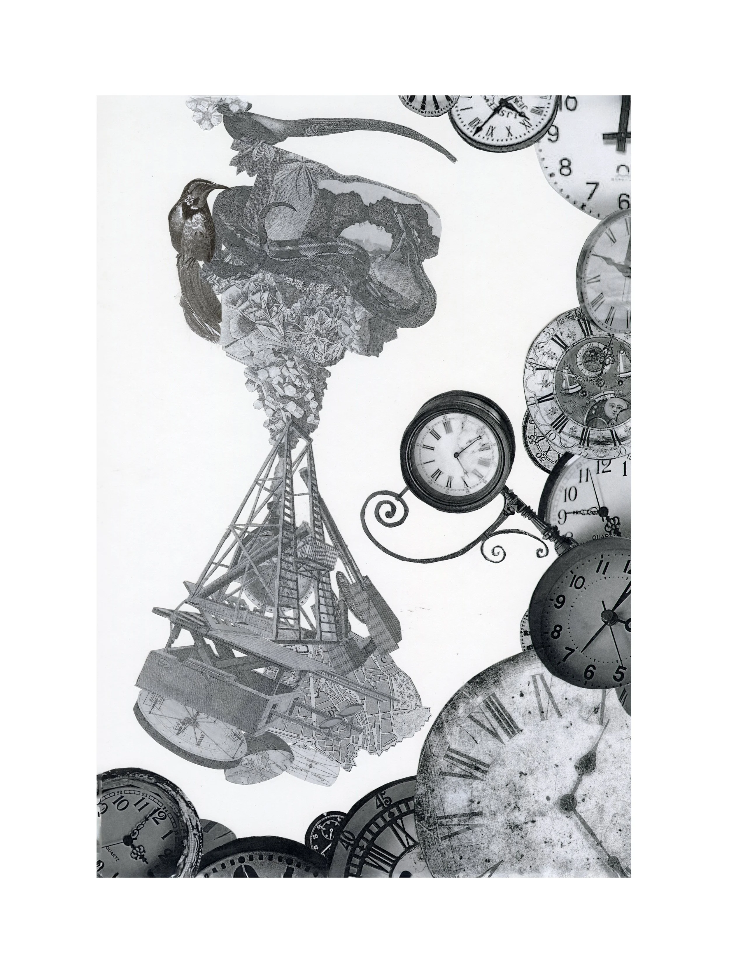 "Time Destroys Nature" Collage, 2025, Mediums: Collage Pieces from "Heck's Pictorial Archive", Illustration Board Mounting. (Savannah College of Art and Design)