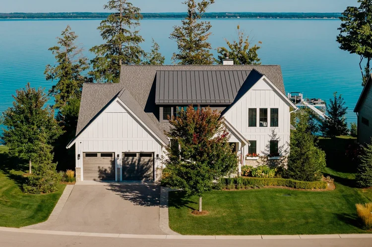 Aerial view of the house and East Bay