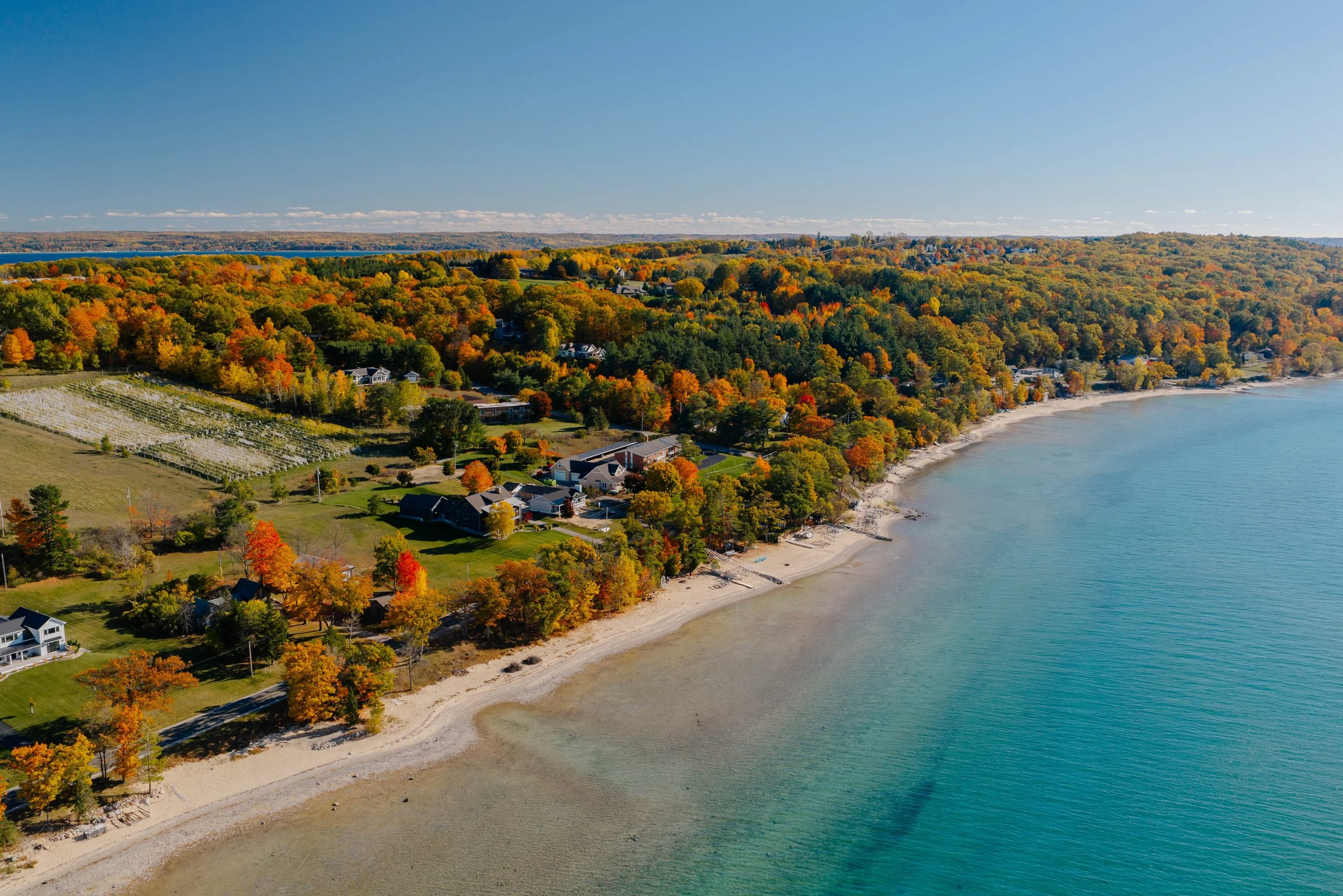 aerial view of old mission peninsula in fall wineries real estate