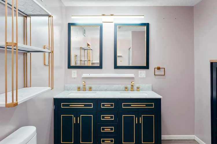 Primary bath with navy double vanity