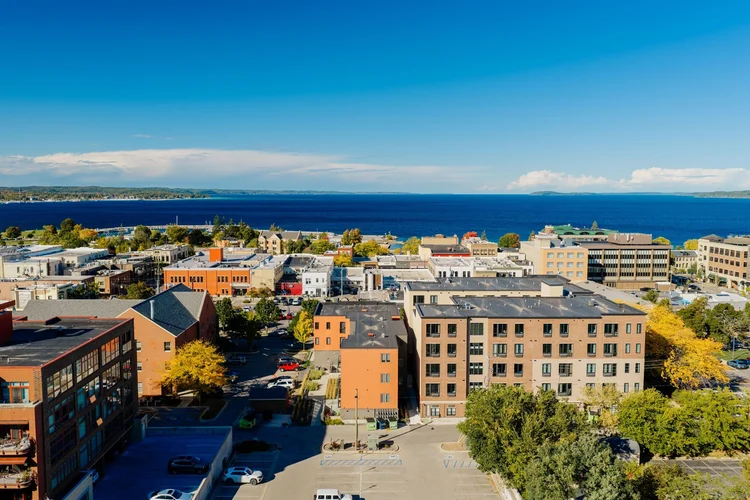 Aerial view of downtown and West Bay