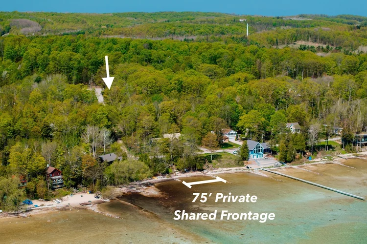 Aerial view marking the cottage and shared bay frontage