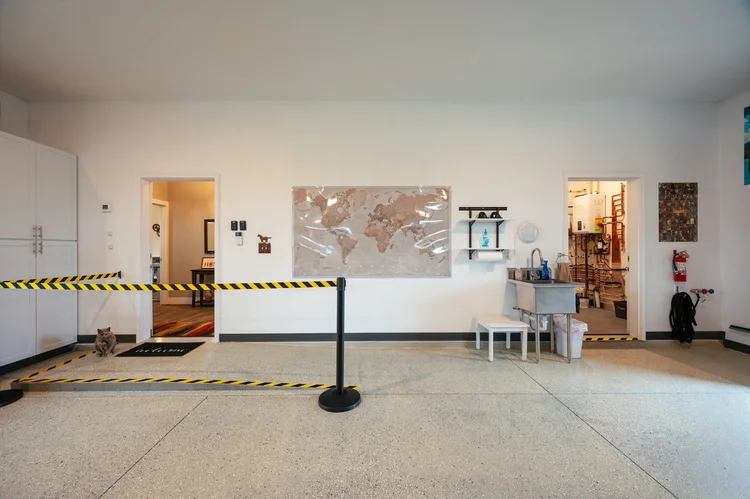 Garage interior with epoxy floor and work area
