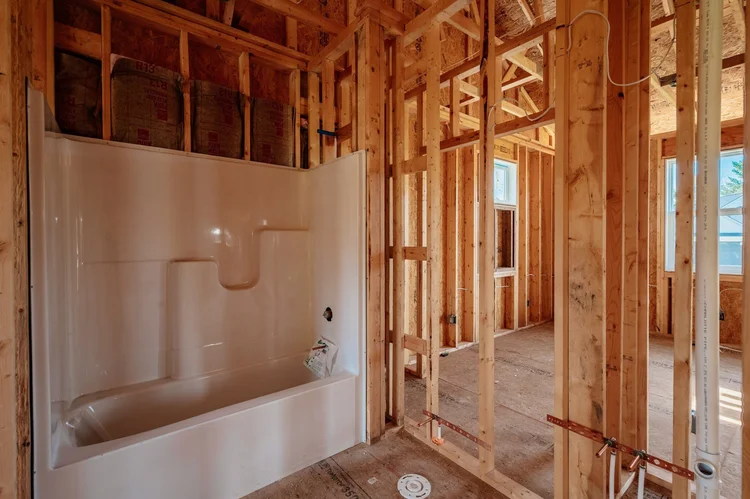 Framed bathroom with tub and shower unit set