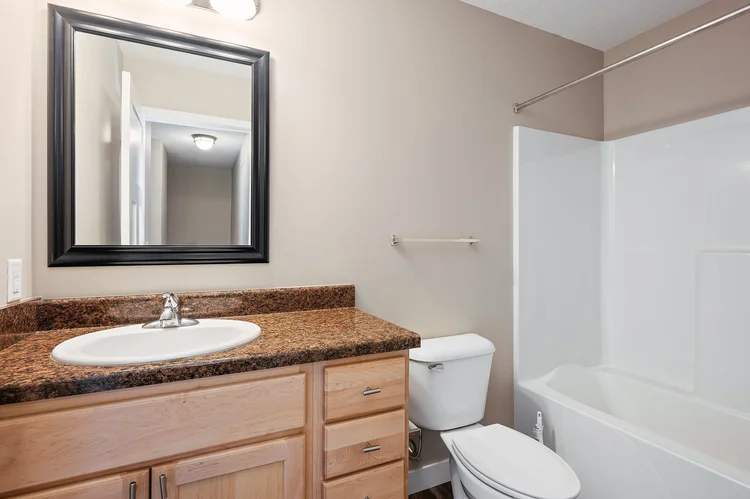 Bathroom with single vanity and tub shower