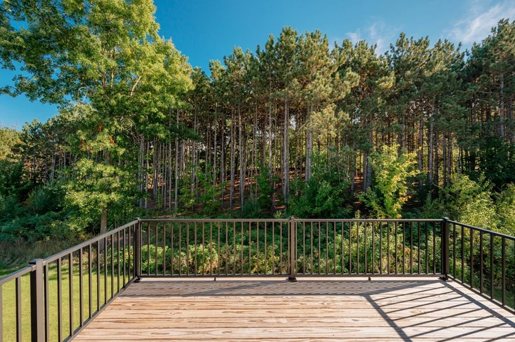 Deck with metal railing facing pine woods