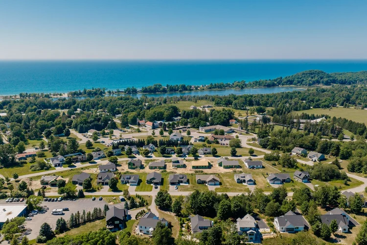 High aerial of the neighborhood and South Bar Lake