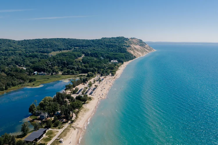 Aerial of the Lake Michigan shoreline and beach at Empire