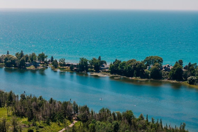 Aerial of South Bar Lake beside Lake Michigan