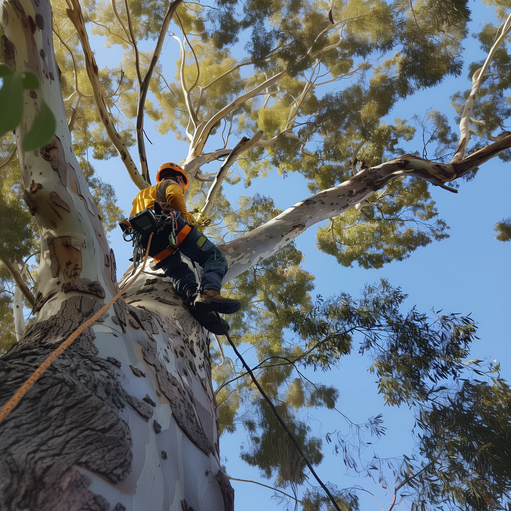 A person wearing safety gear, including an orange helmet and harness, is climbing a tall tree with smooth white bark and green leaves, set against a bright blue sky.