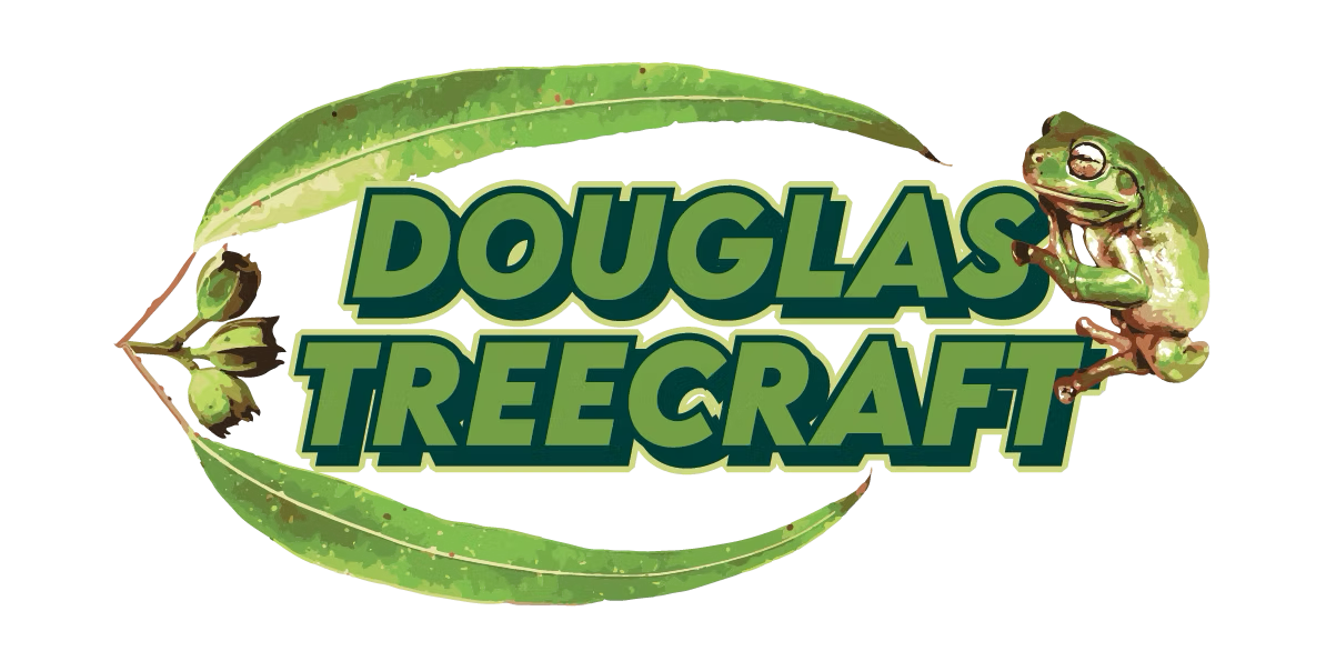 Logo for Douglas Treecraft featuring a green frog sitting on a tree branch, with green leaves and the text 'Douglas Treecraft' in bold green letters.
