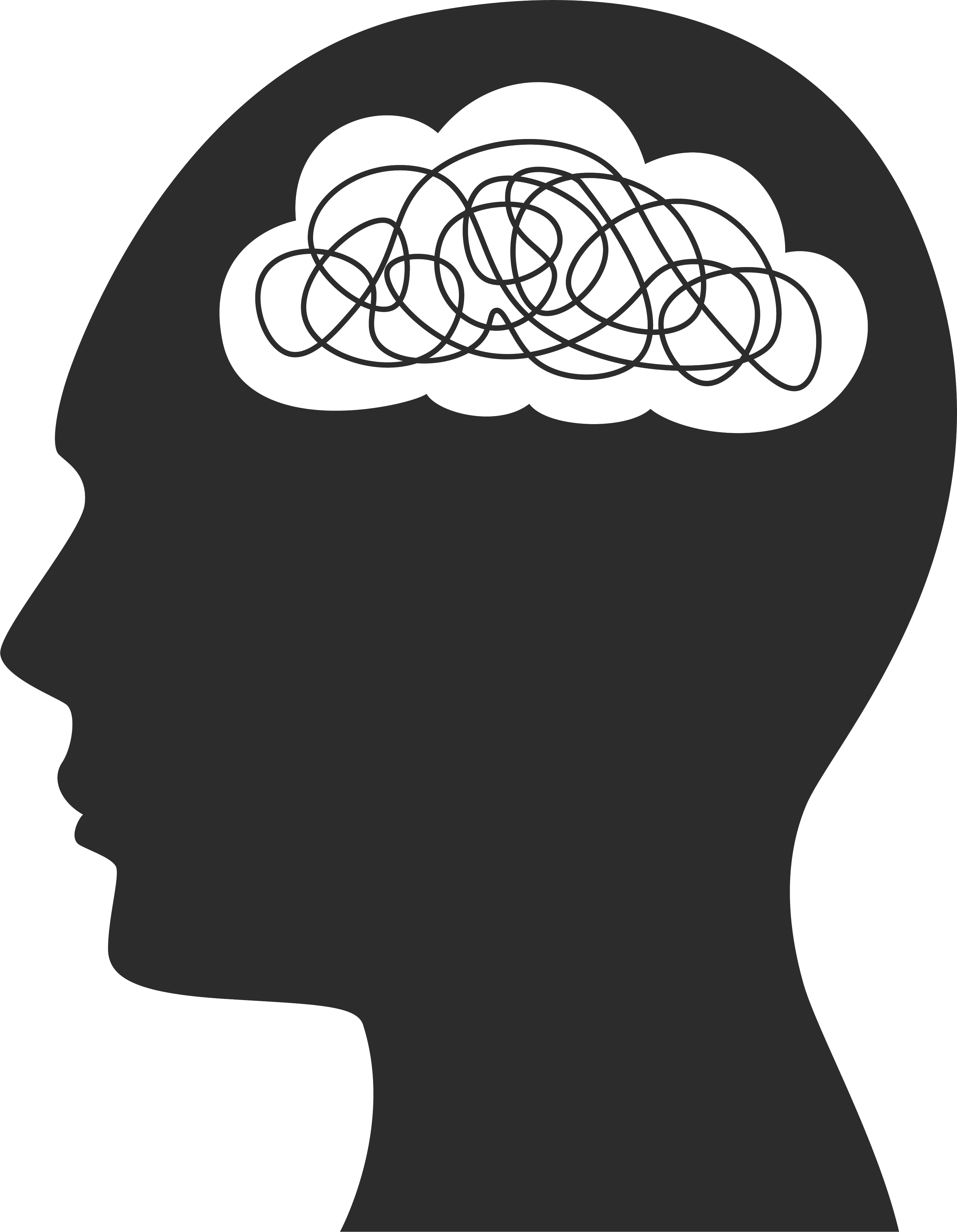 A black-and-white illustration of a human head silhouette in profile with a chaotic, tangled line inside the brain area, symbolizing a complex or overwhelmed mental state.