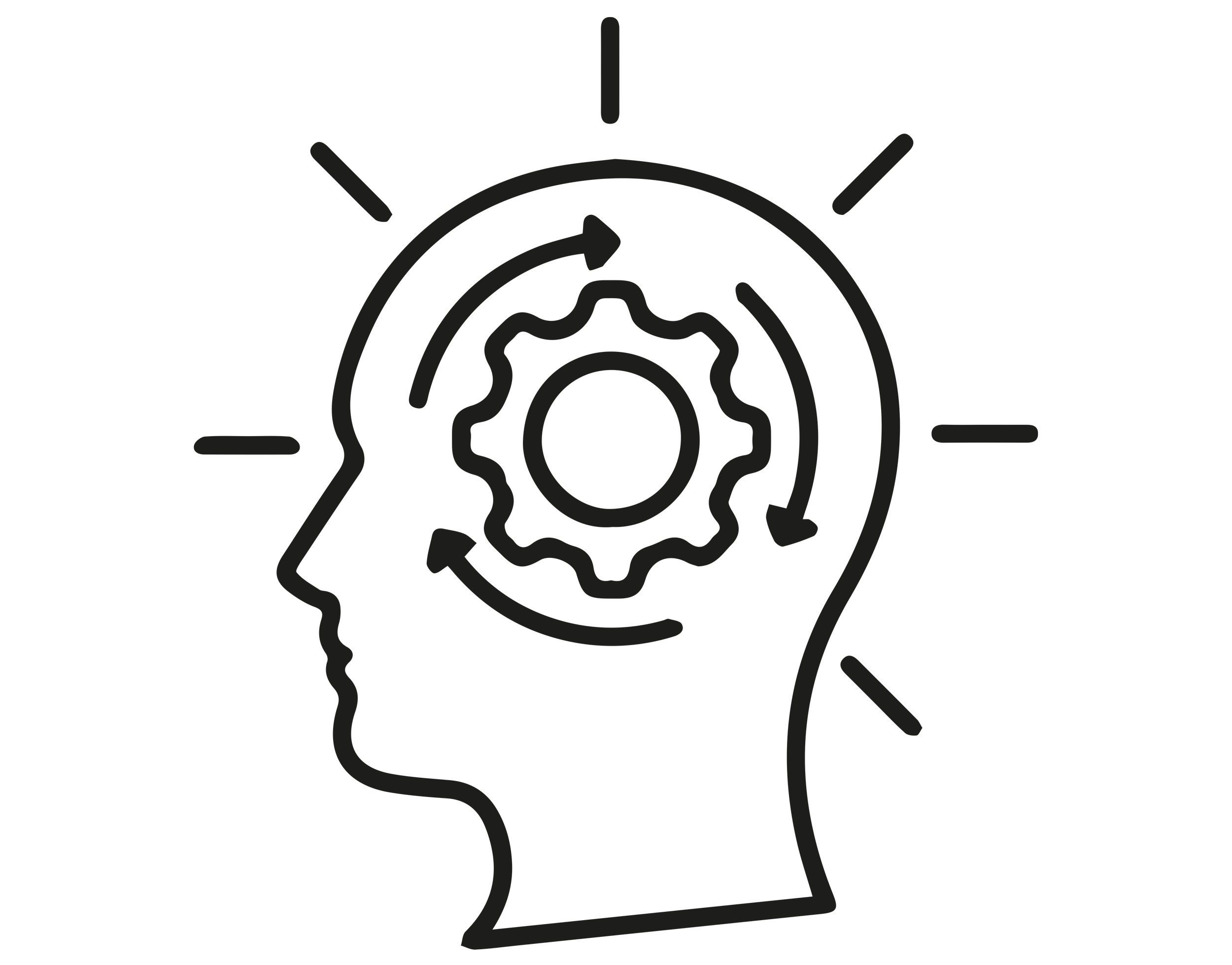 Black outline of a human head in profile with a gear and a brain inside, and a clock above indicating time management.