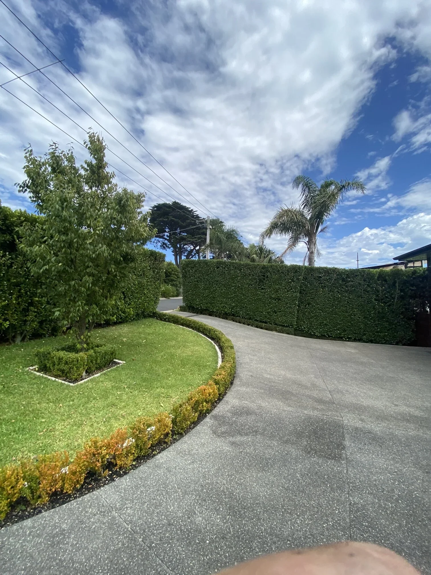 A border of well-manicured green grass and trimmed hedges, with lush trees and palm trees in the background under a partly cloudy sky.