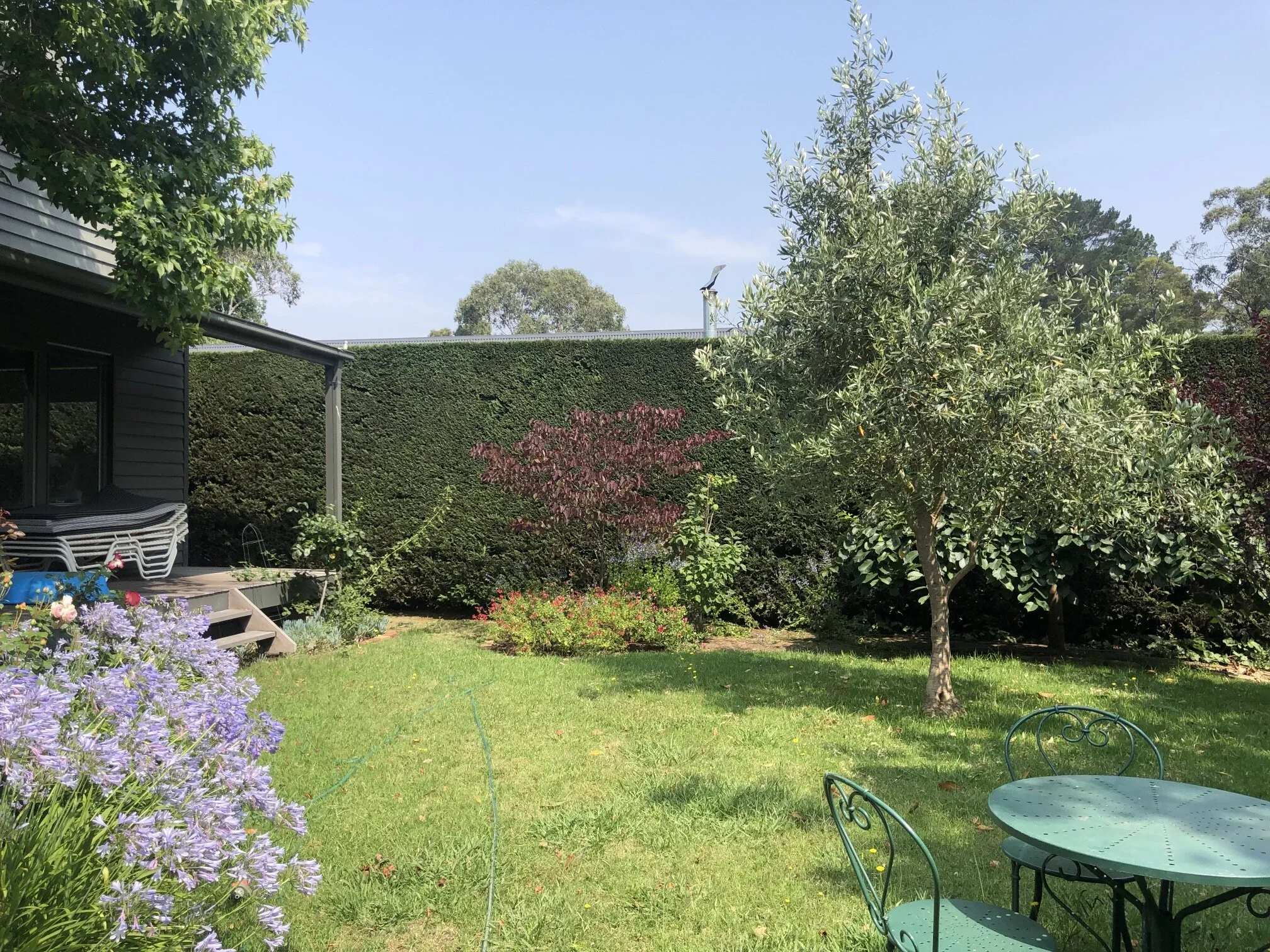 A backyard garden with a green lawn, trees, flowering bushes, and a round metal table with three chairs. A house with dark siding and a small deck with stacked chairs is visible to the left. The sky is clear and blue.