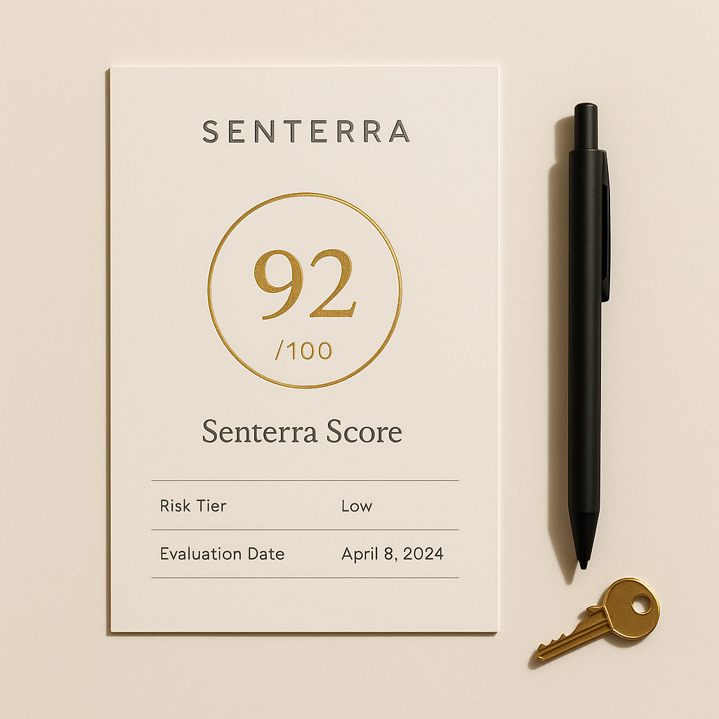 A report card showing a Senterra score of 92 out of 100 with a low risk tier, dated April 8, 2024. A black pen and a gold key are placed next to it.