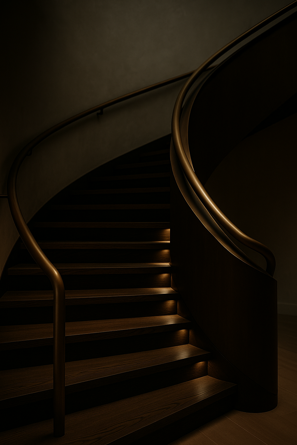 A dark wooden staircase with illuminated steps and curved bronze handrails.
