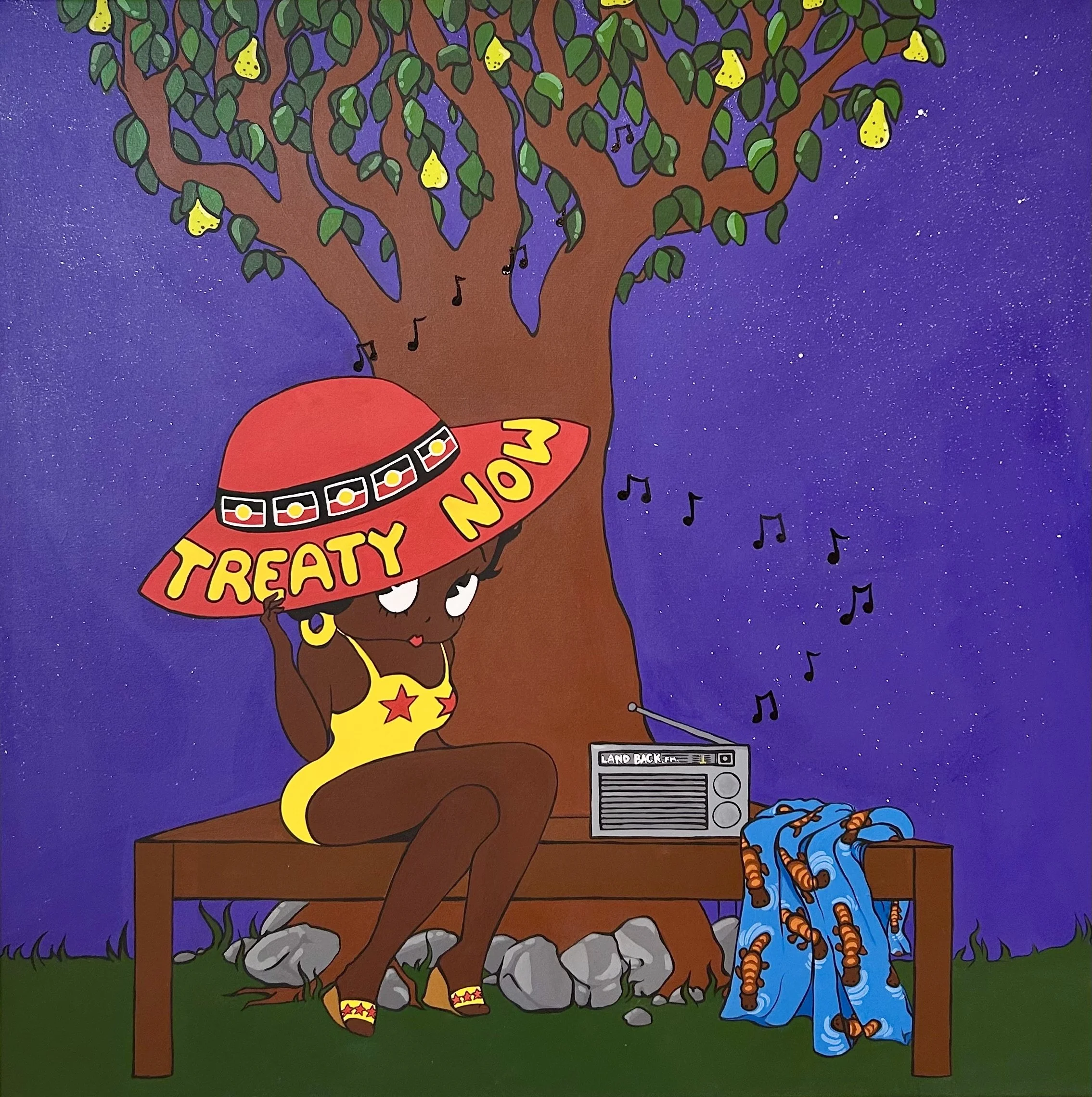 Aunty Betty under the pear tree 
Acrylic on Canvas 
1m x 1m 