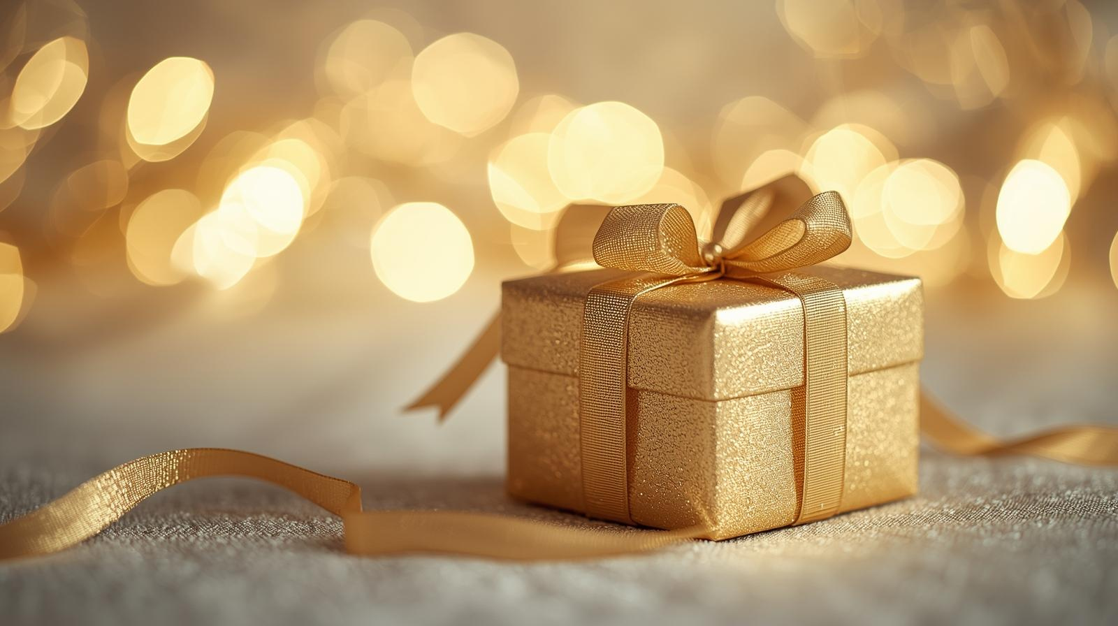 A small, shimmering gold gift box with a bow, placed on a soft surface with warm bokeh lights in the background.
