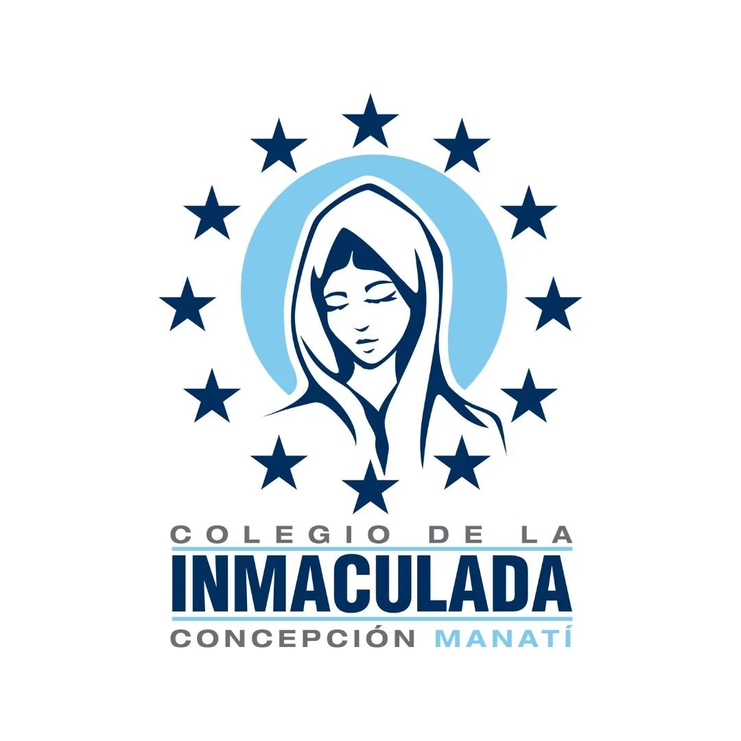 Logo del Colegio de la Inmaculada de Concepción Manatí, con una ilustración de la Virgen María rodeada de estrellas y el nombre del colegio en letras mayúsculas.