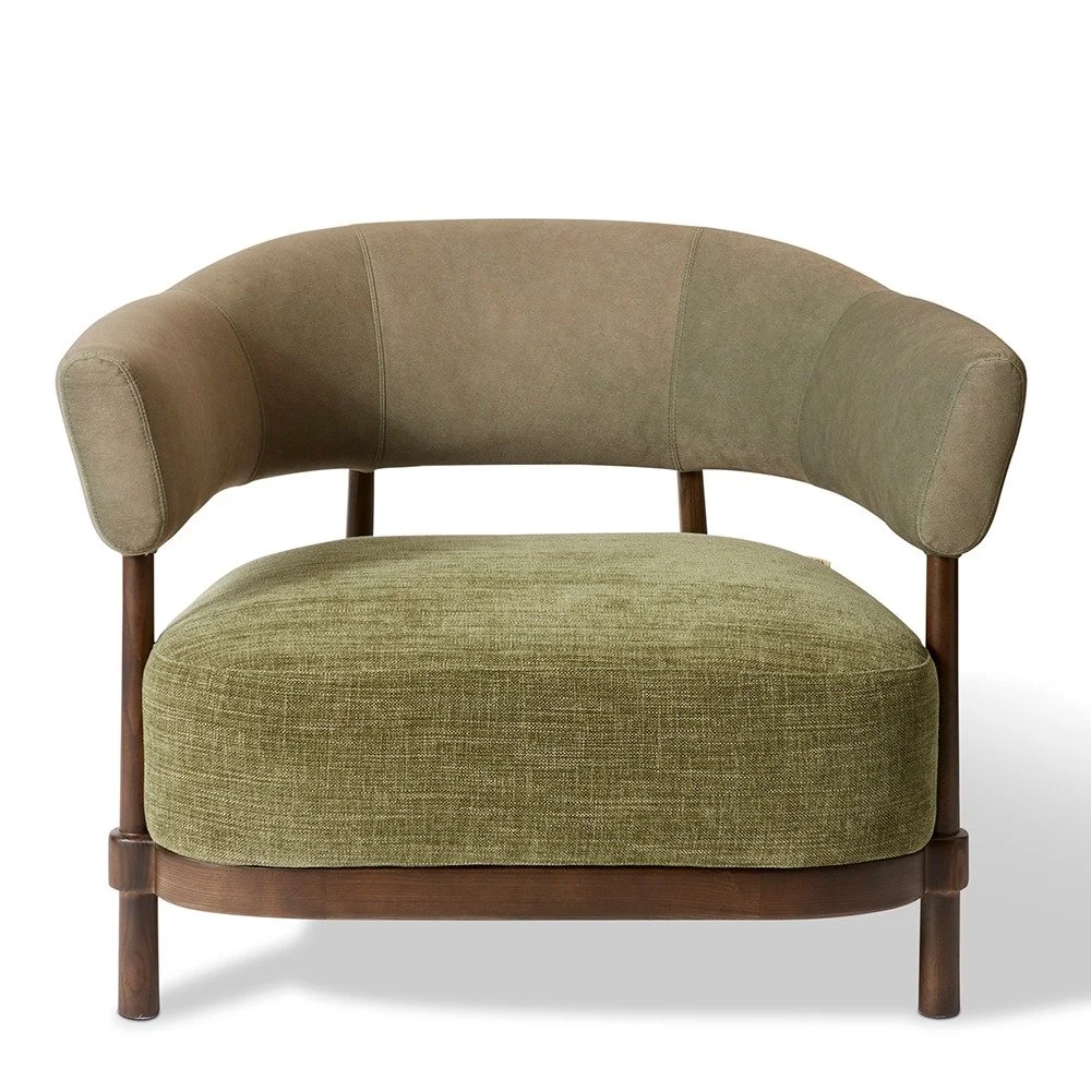 Leon Chair in green fabric with brown timber frame