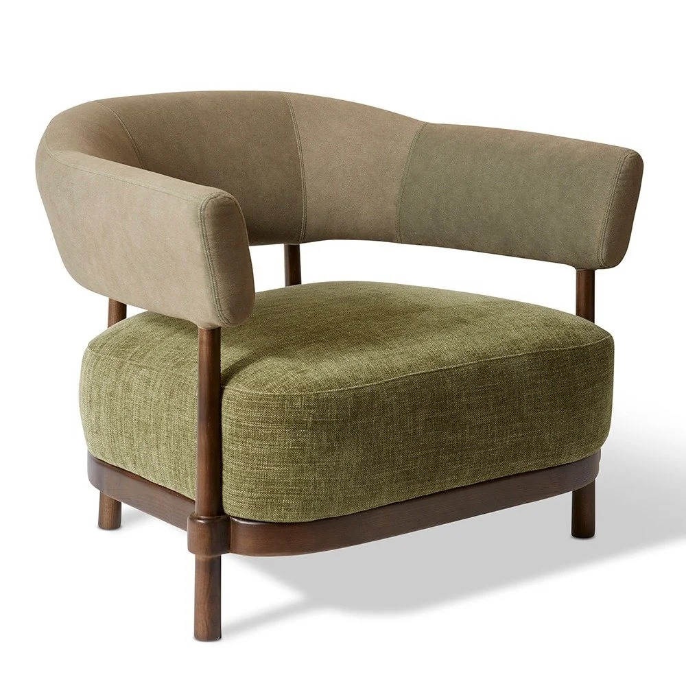 Leon Chair in green fabric with brown timber frame, side view