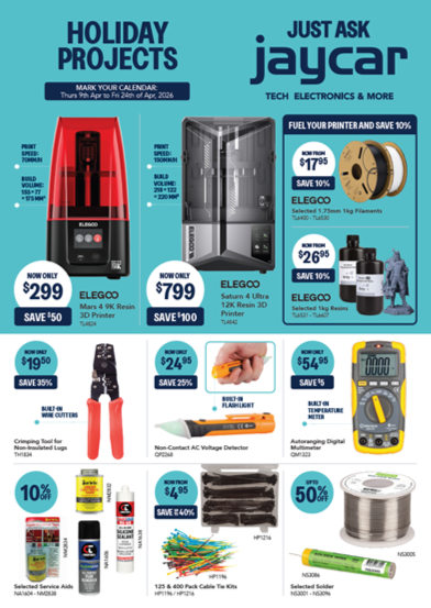 Holiday projects advertisement featuring electronics and tools, including a red and black ELEGOO 3D resin printer for $299, an ELEGOO Saturn 4 Ultra 3D printer for $799, a FuelEgo filament roll for $17.95, an ELEGOO 12V resin UV curing machine for $26.95, a crimping tool for $19.50, a non-contact AC voltage detector for $24.95, a digital multimeter for $54.95, a 125 ft and 400 pack cable tie set for $4.95, and a spool of solder for $3.50.