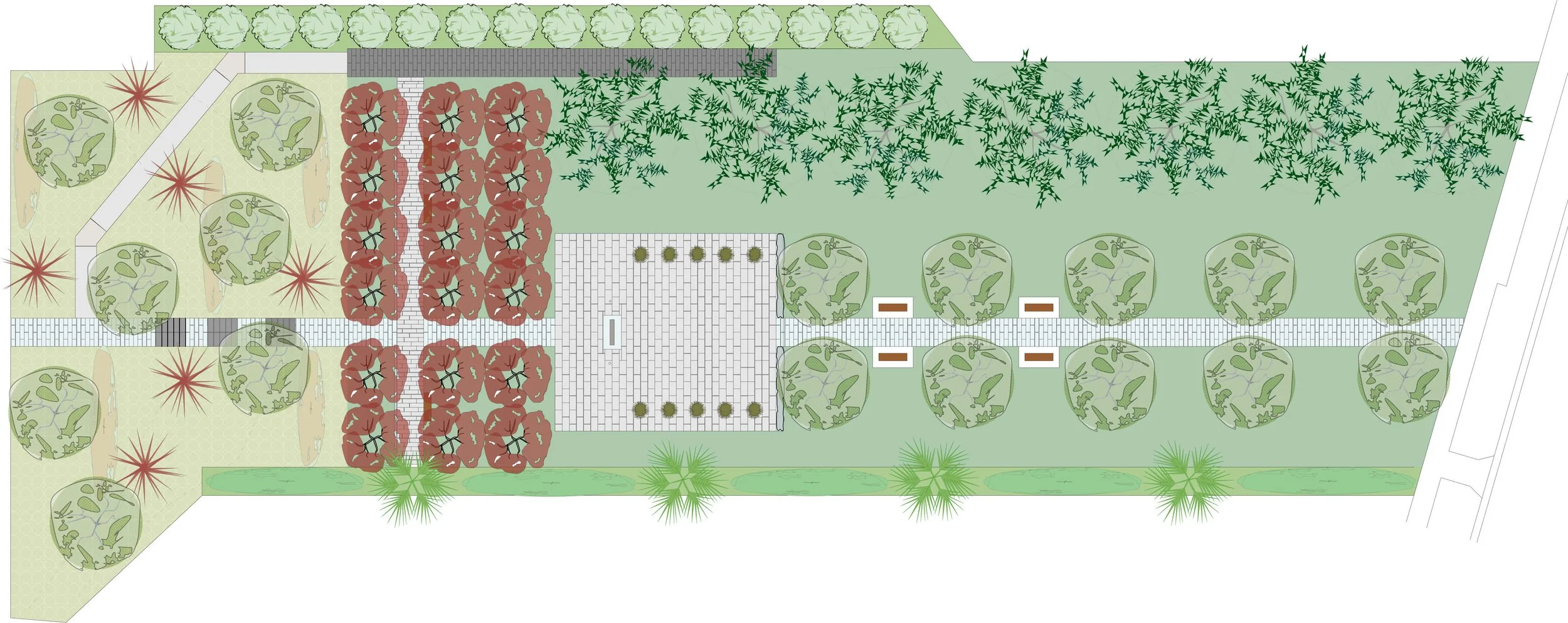 A landscape design plan depicting a large garden with various trees, bushes, pathways, and a paved central area with benches. The layout includes sections with greenery, decorative plants, and a driveway on one side.