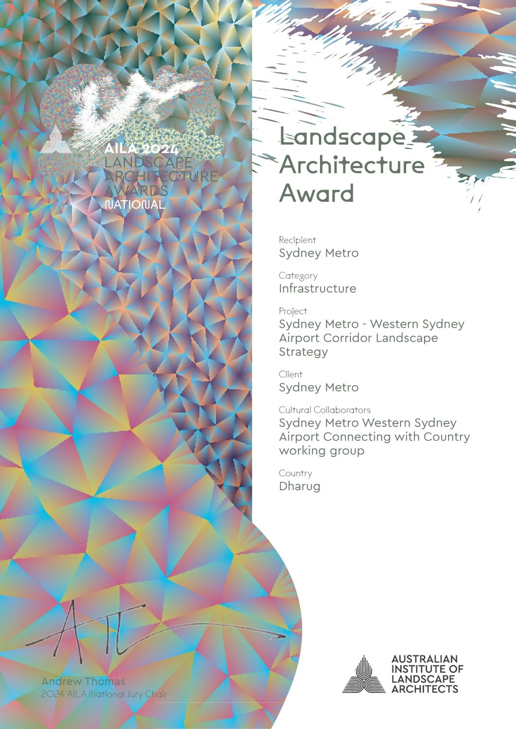 Certificate for the Landscape Architecture Award in 2024 awarded to Sydney Metro for the Sydney Metro - Western Sydney Airport Corridor Landscape Strategy project, issued by the Australian Institute of Landscape Architects. The certificate features an abstract, colorful geometric background with a mix of patterns and textures.