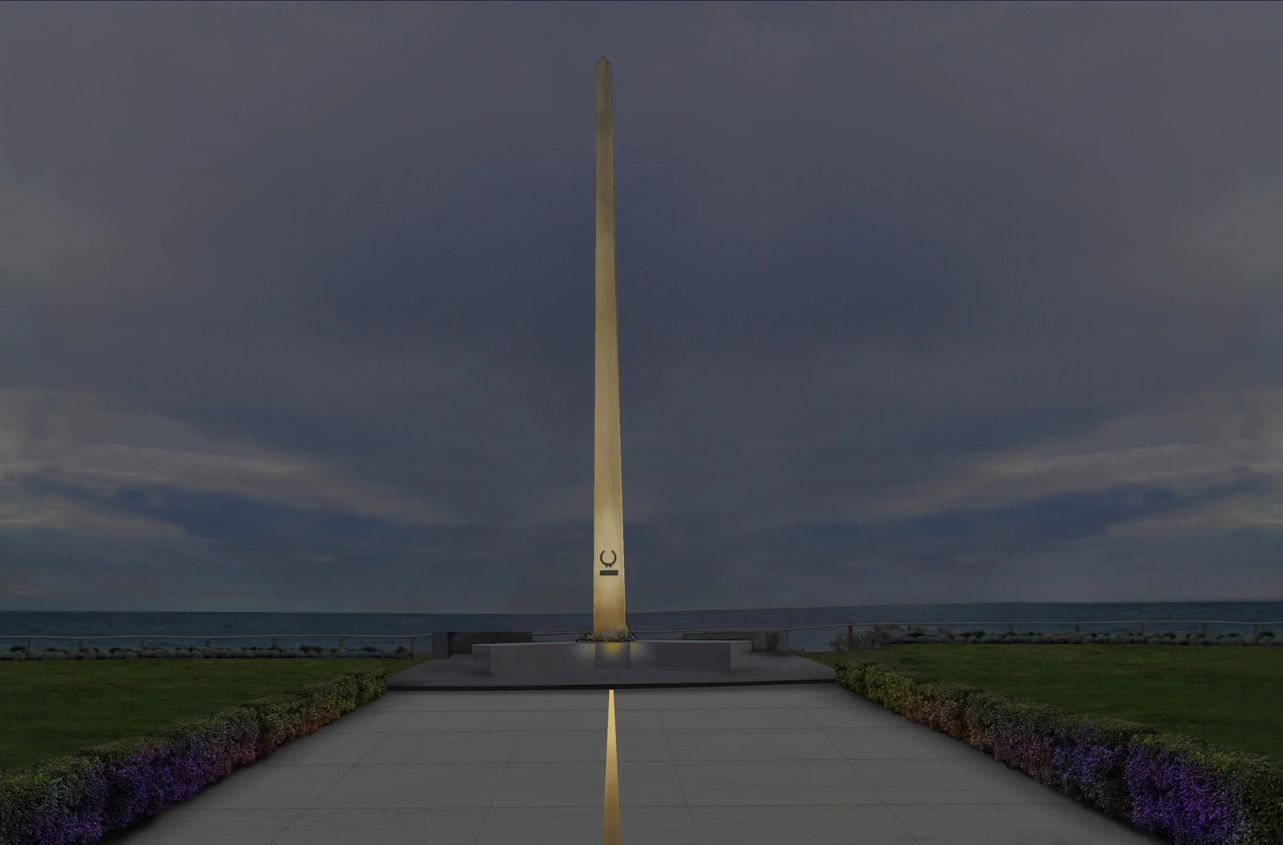 The Washington Monument at sunset with a cloudy sky, surrounded by greenery and a paved walkway.