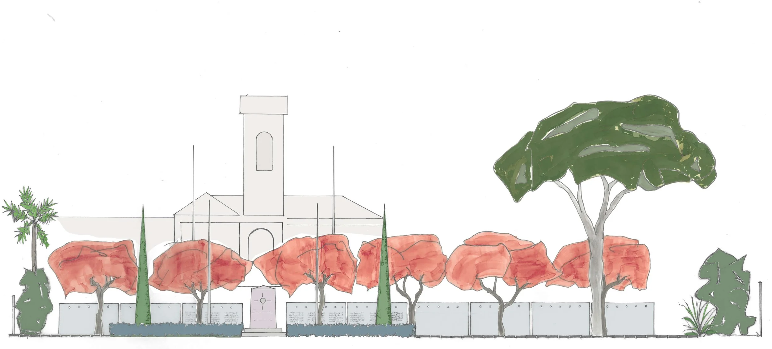 Illustration of a park scene featuring a white building with a clock tower in the background, two large trees with green and orange foliage, smaller trees and bushes with green leaves, and a concrete fence.