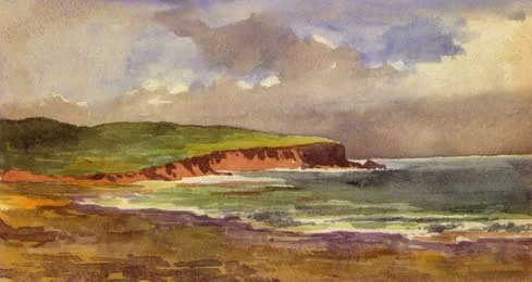 Watercolor painting of a coastal scene with cliffs, grassy hills, and the ocean under a cloudy sky.